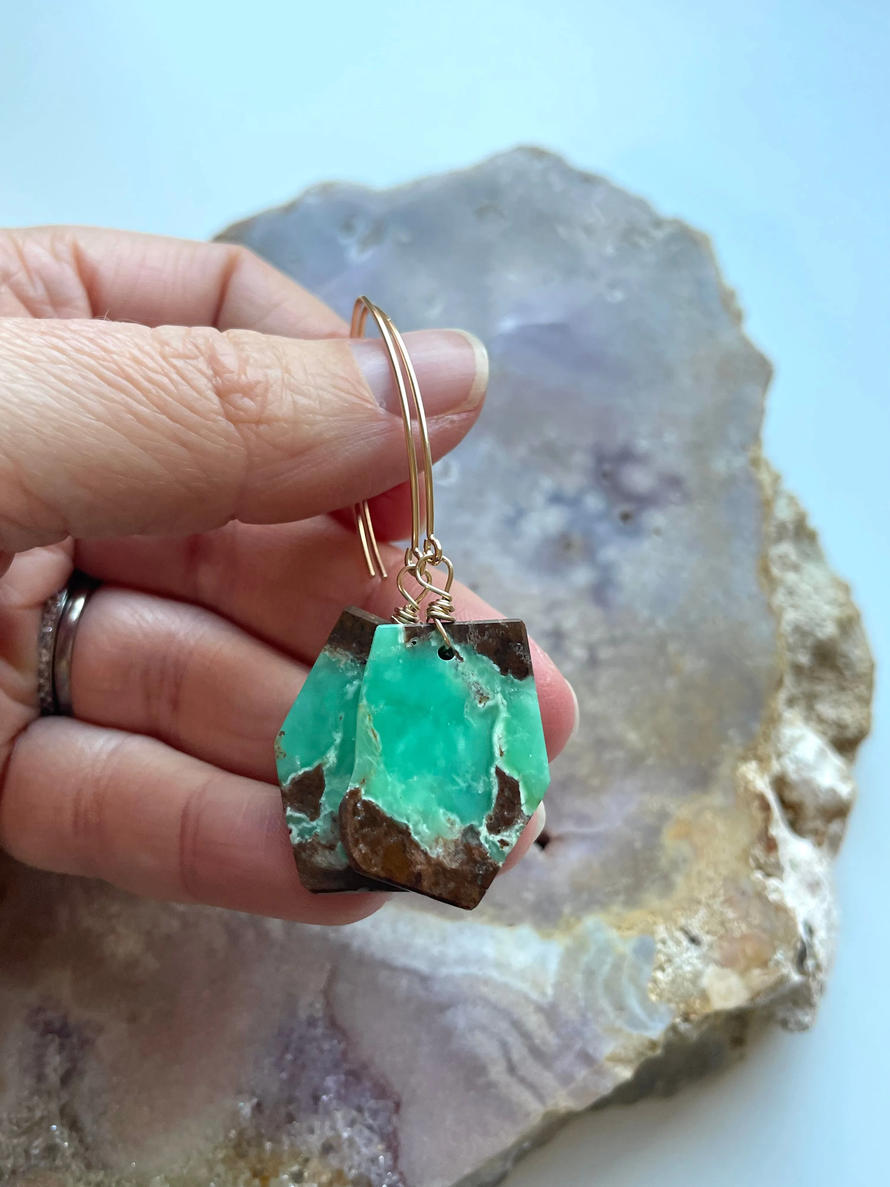 Chrysoprase Statement Earrings Gold Fill
