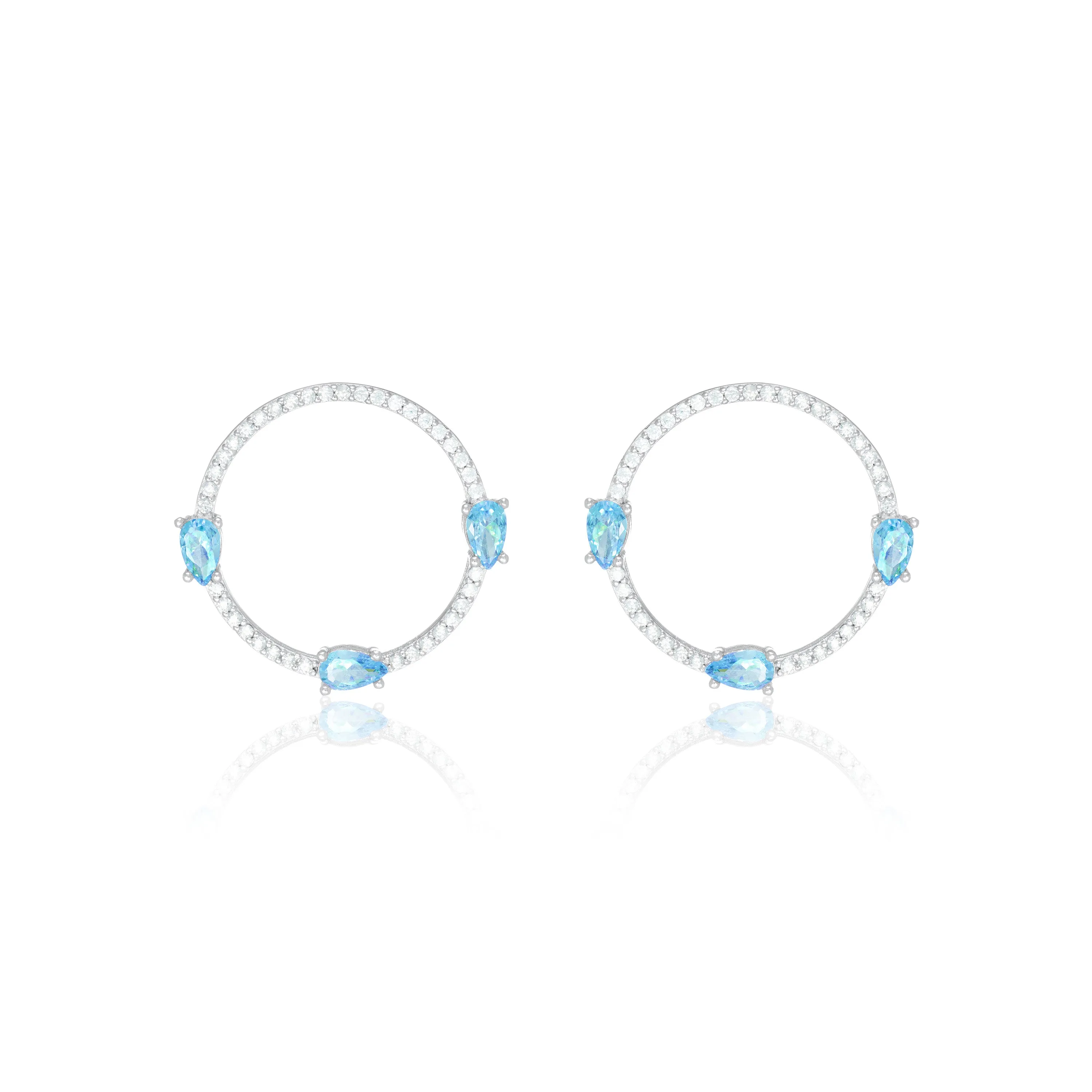 Circle Pave Cubic Zirconia With Three Teardrops Earrings - Silver Aquamarine And White