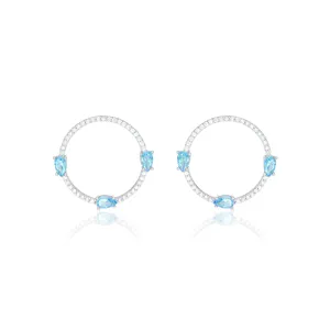 Circle Pave Cubic Zirconia With Three Teardrops Earrings - Silver Aquamarine And White