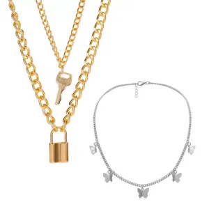 Combo of 2 Gold Plated Key Lock Butterfly Necklace
