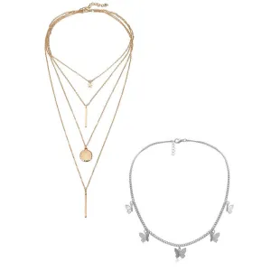 Combo of 2 Golden Silver Coin Butterfly Layered Necklace