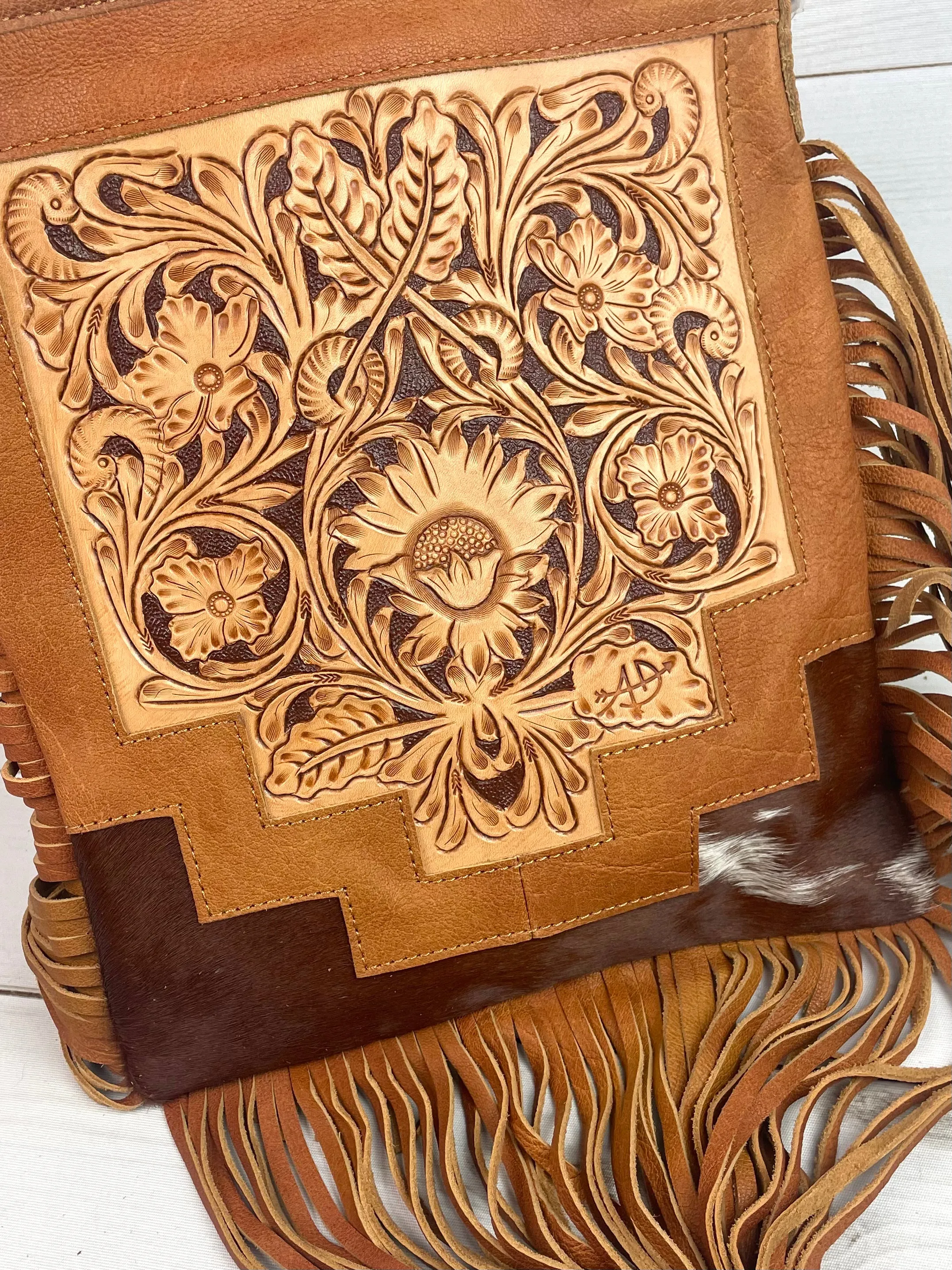Country Hide & Tan Leather Floral Tooled Fringe Handbag