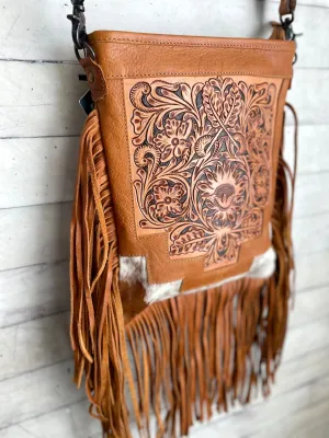 Country Hide & Tan Leather Floral Tooled Fringe Handbag