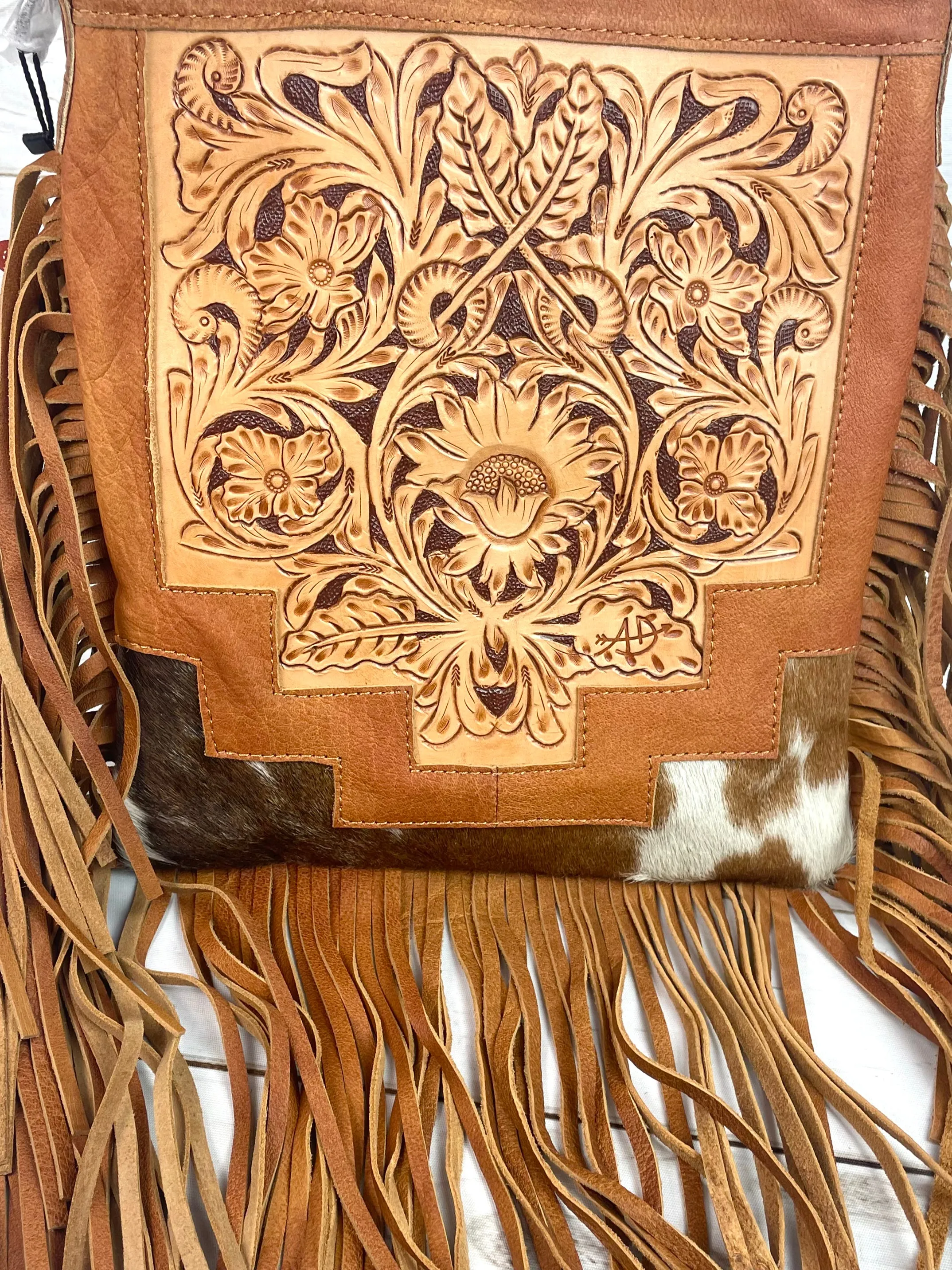 Country Hide & Tan Leather Floral Tooled Fringe Handbag