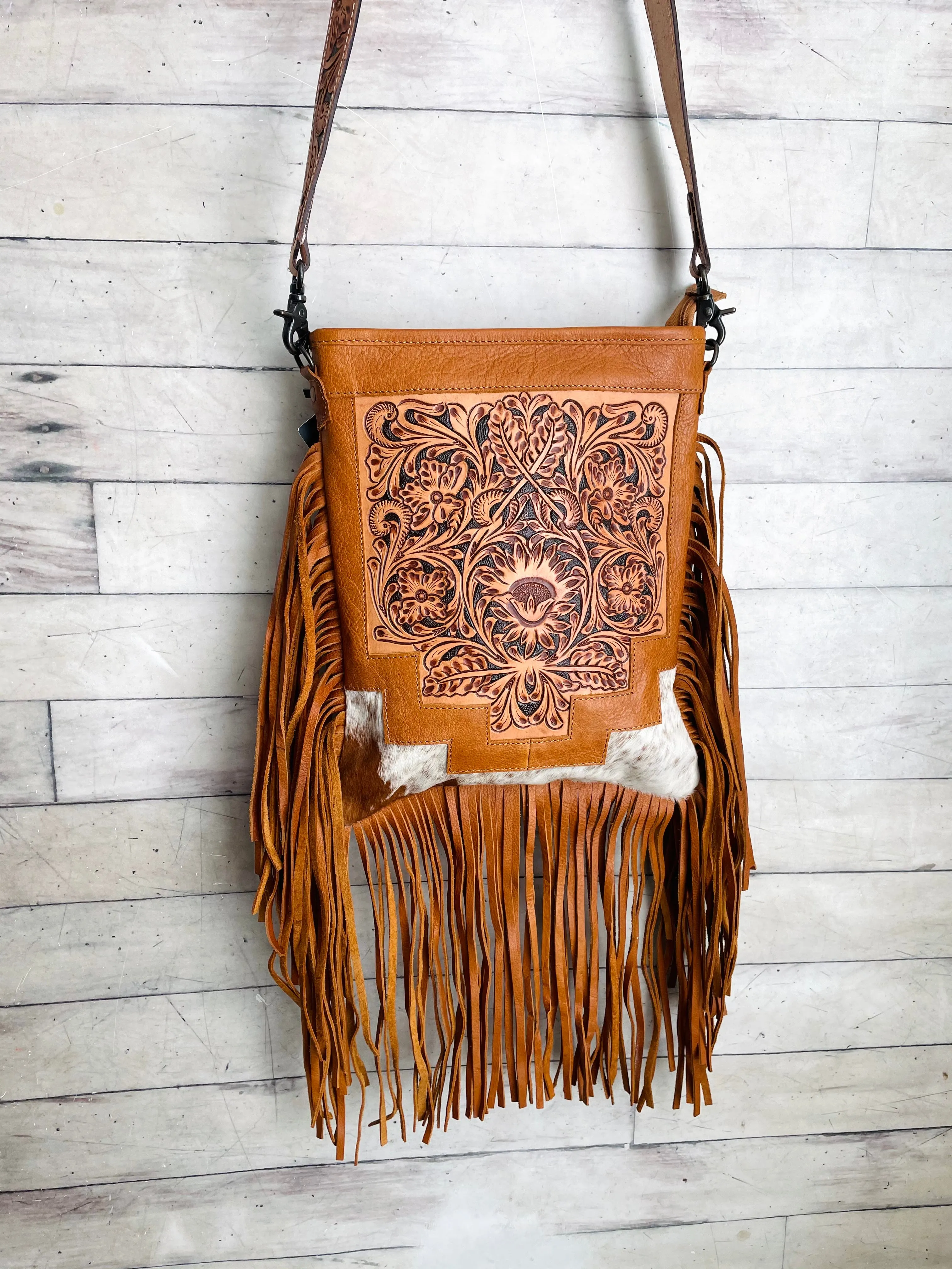 Country Hide & Tan Leather Floral Tooled Fringe Handbag