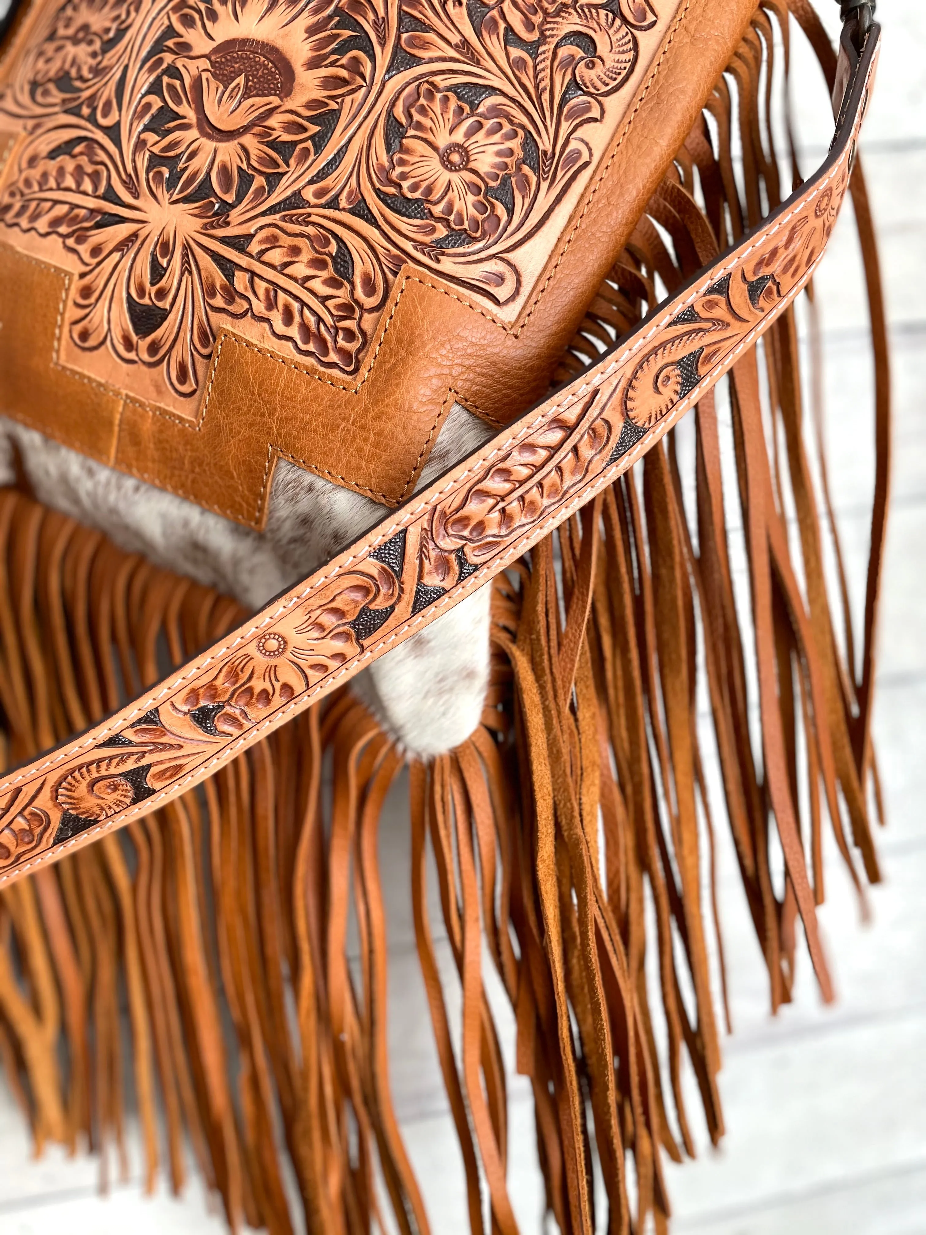 Country Hide & Tan Leather Floral Tooled Fringe Handbag