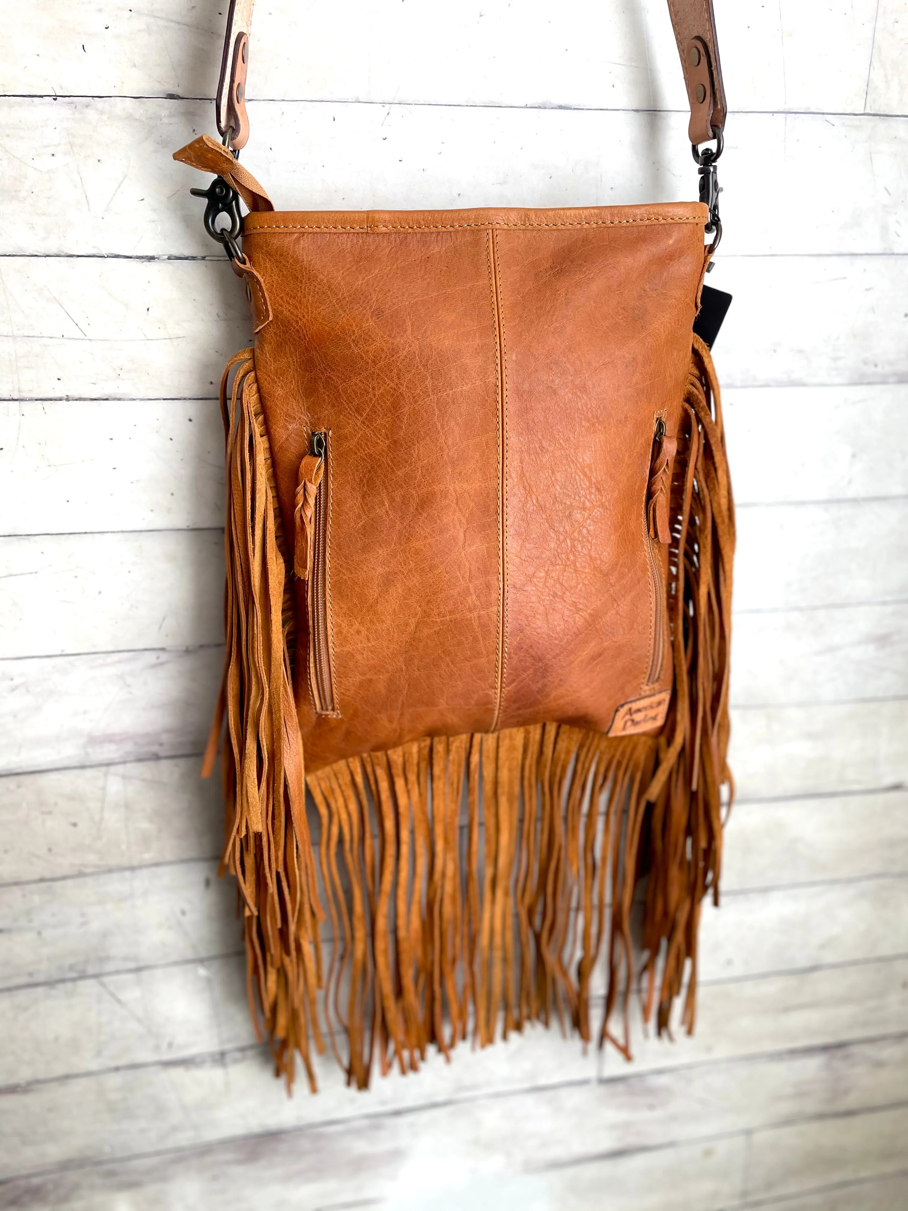 Country Hide & Tan Leather Floral Tooled Fringe Handbag