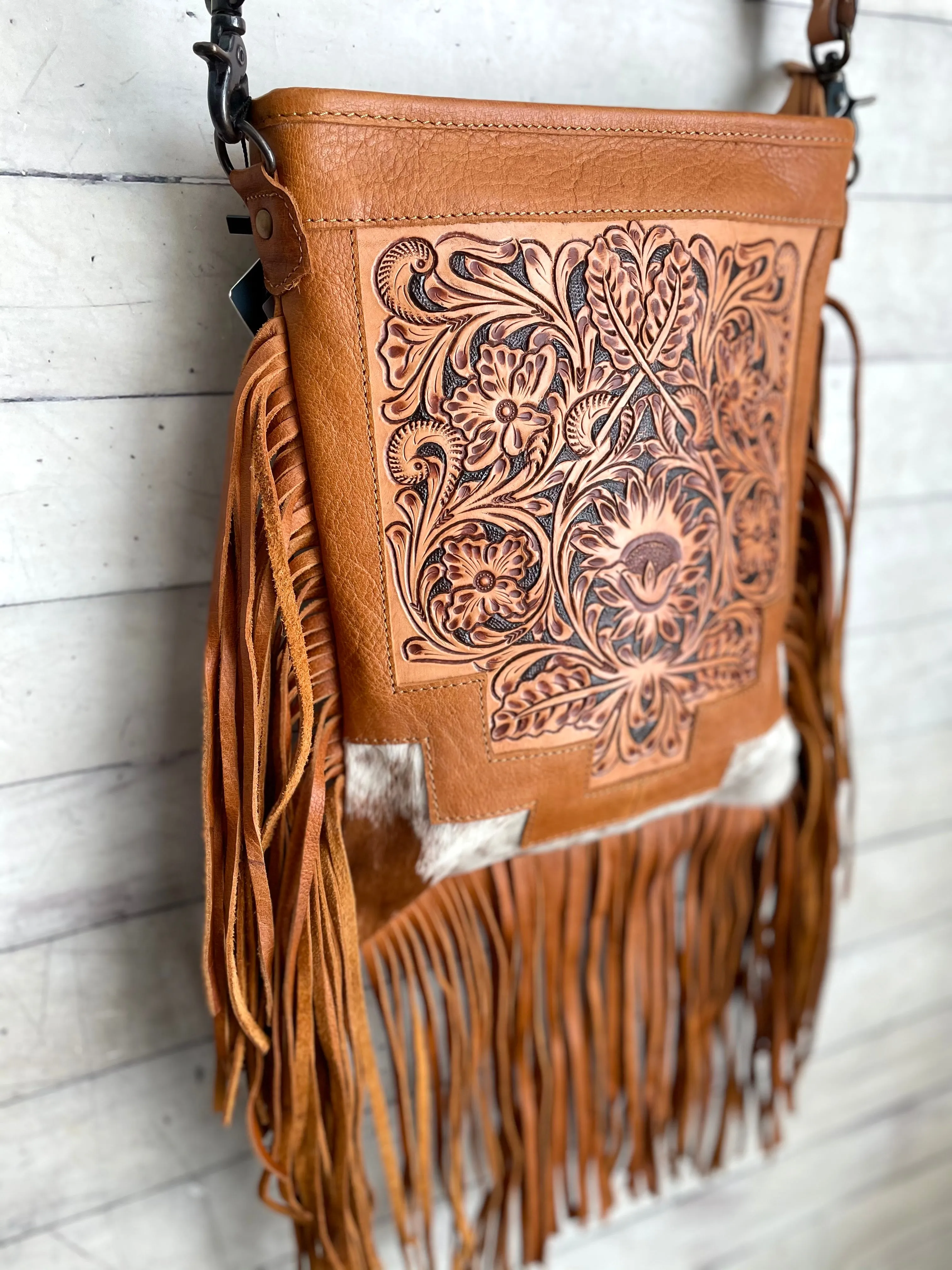 Country Hide & Tan Leather Floral Tooled Fringe Handbag