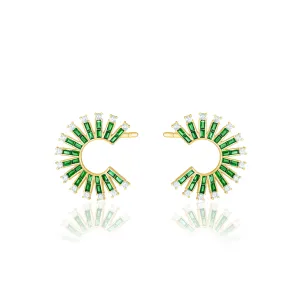 Cubic Zirconia Baguette Sun Rays C Shape Earrings - Gold Green And White