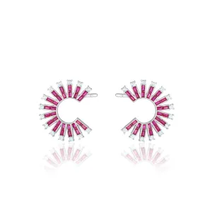 Cubic Zirconia Baguette Sun Rays C Shape Earrings - Silver Fuchsia And White