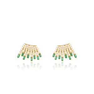 Cubic Zirconia Baguette Sun Rays Earrings - Gold Green And White