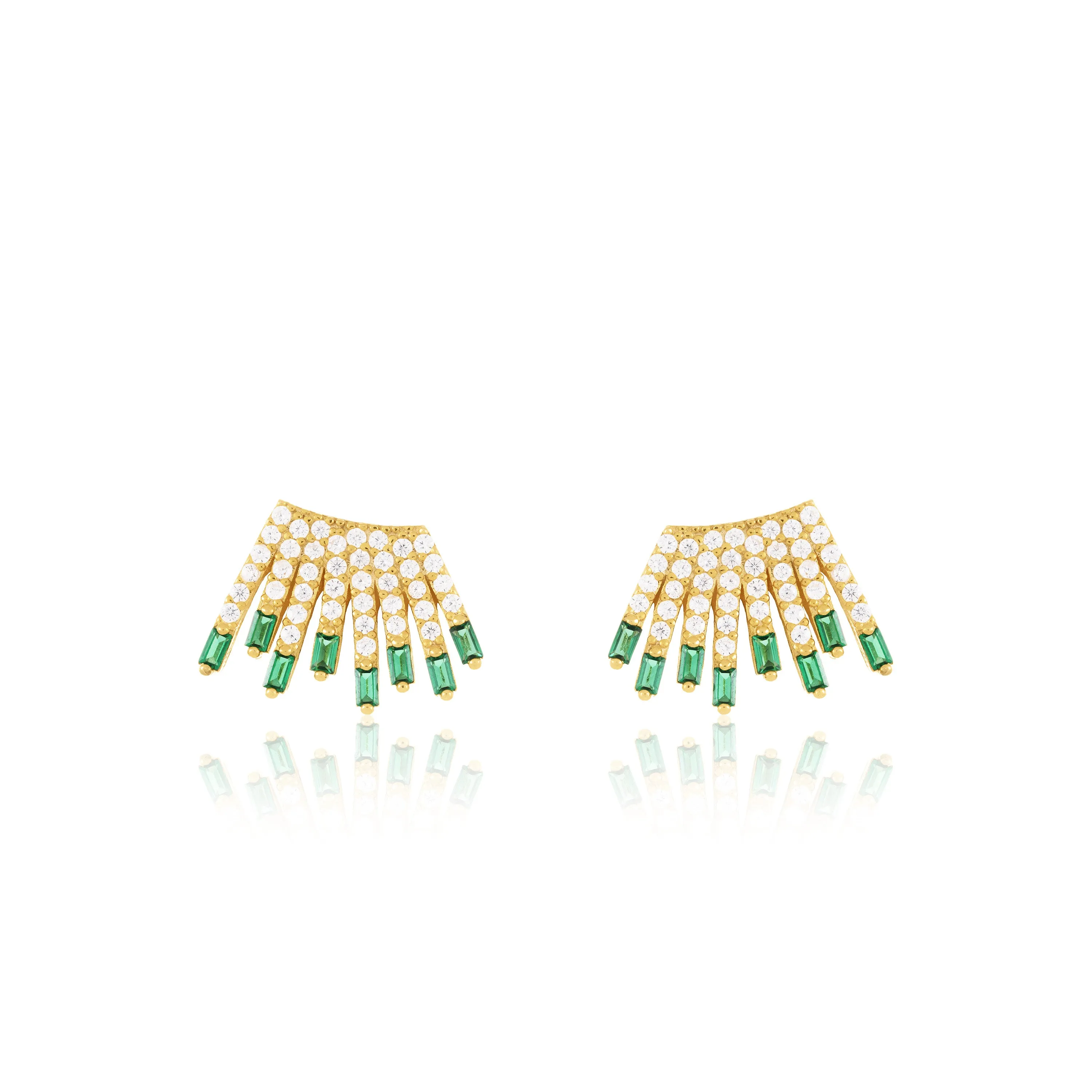 Cubic Zirconia Baguette Sun Rays Earrings - Gold Green And White