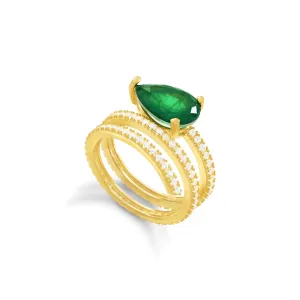 Cubic Zirconia Big Teardrop Spiral Ring - Gold Green And White