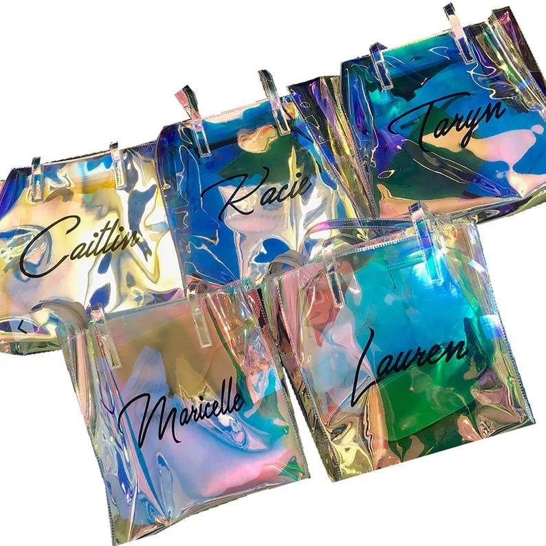 CUSTOM TEXT Large Clear Holographic Tote Bag