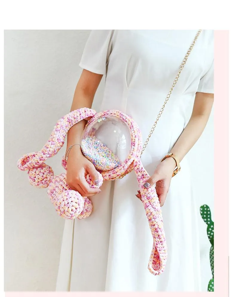 Cute Light Pink Crochet Bunny Backpack Rabbit Crochet Shoulder Bag for Girl Bunny Crochet Crossbody Purse