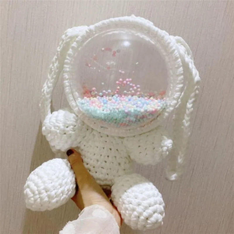 Cute Light Pink Crochet Bunny Backpack Rabbit Crochet Shoulder Bag for Girl Bunny Crochet Crossbody Purse