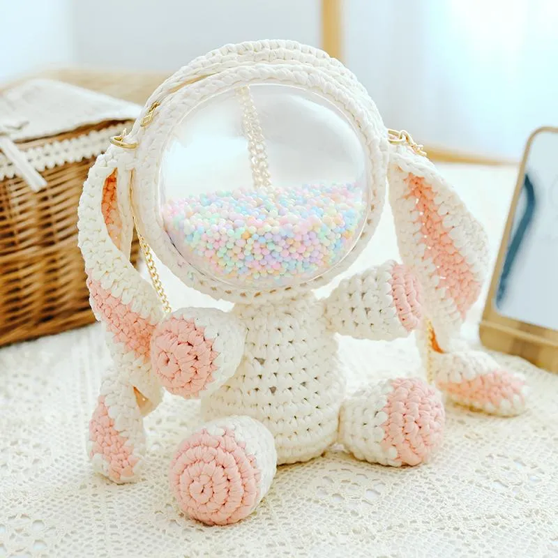 Cute Light Pink Crochet Bunny Backpack Rabbit Crochet Shoulder Bag for Girl Bunny Crochet Crossbody Purse