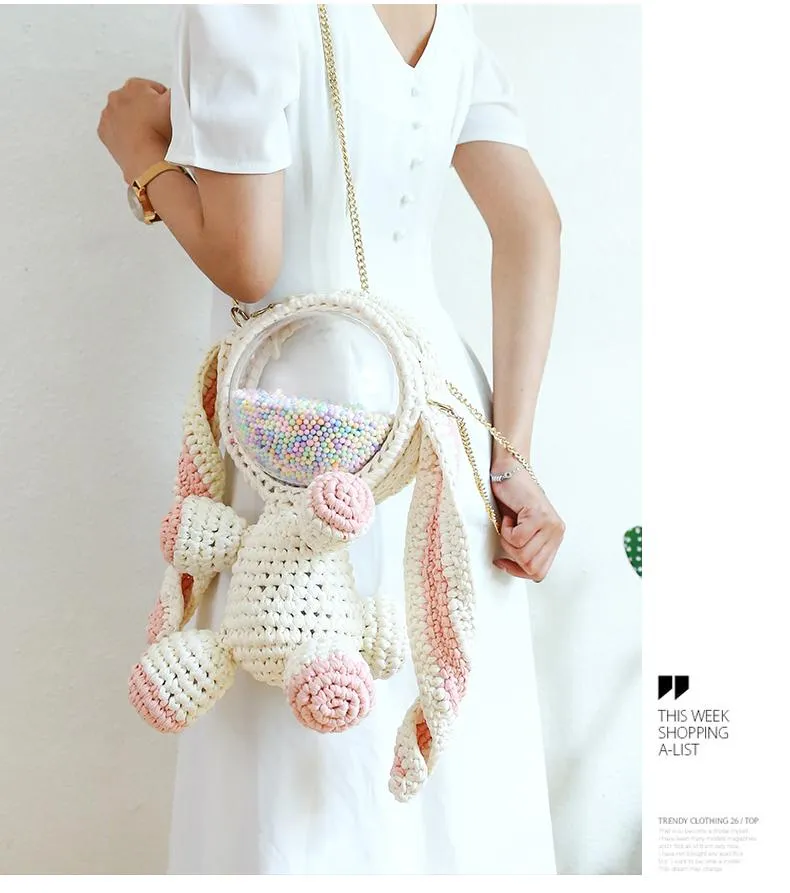 Cute Light Pink Crochet Bunny Backpack Rabbit Crochet Shoulder Bag for Girl Bunny Crochet Crossbody Purse