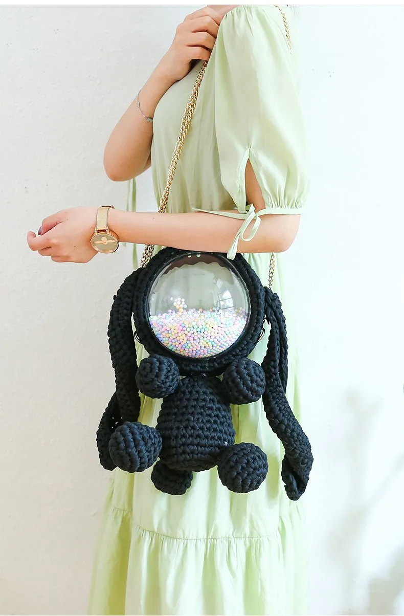 Cute Light Pink Crochet Bunny Backpack Rabbit Crochet Shoulder Bag for Girl Bunny Crochet Crossbody Purse