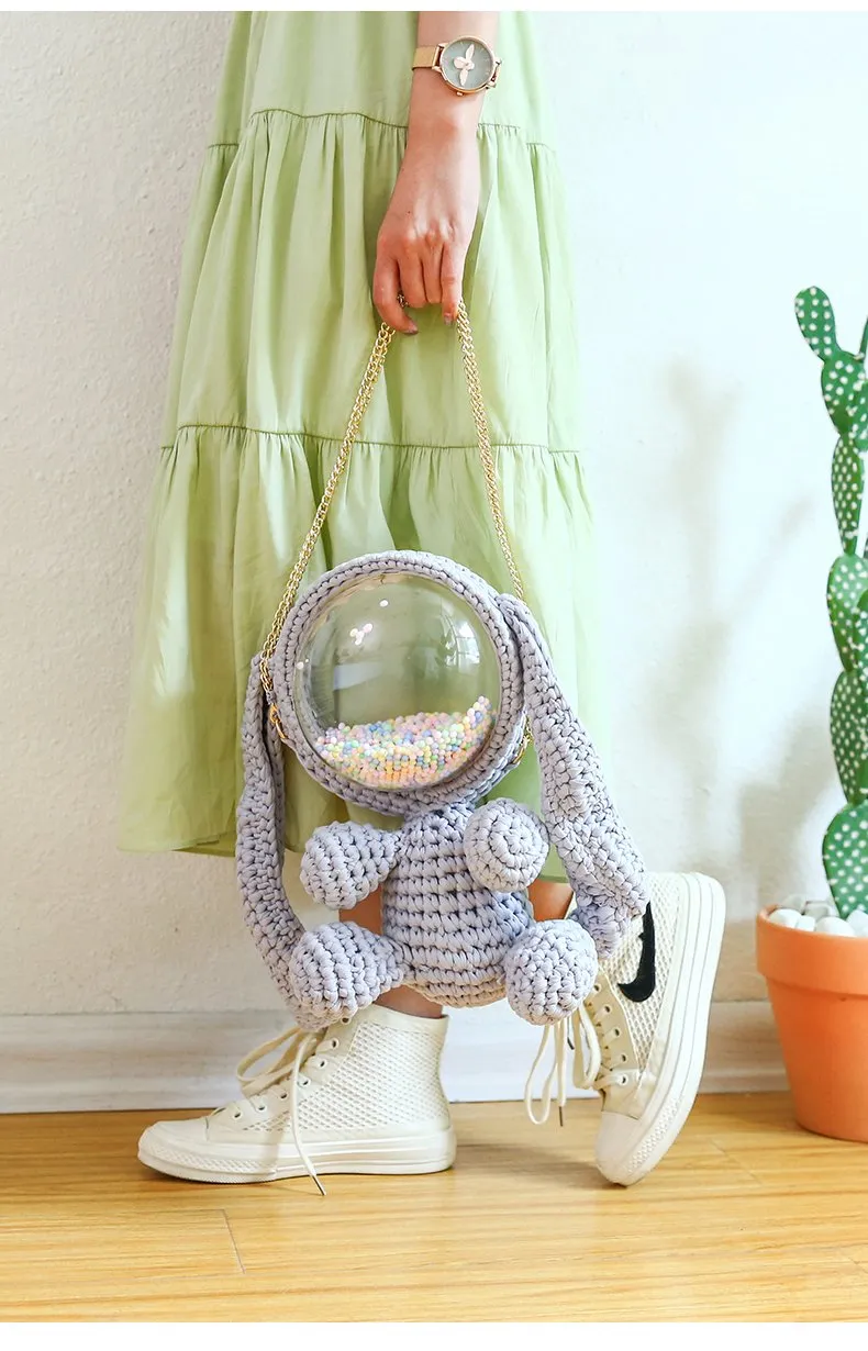 Cute Light Pink Crochet Bunny Backpack Rabbit Crochet Shoulder Bag for Girl Bunny Crochet Crossbody Purse