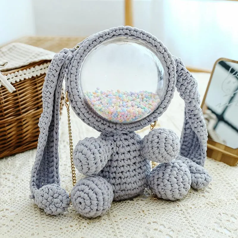 Cute Light Pink Crochet Bunny Backpack Rabbit Crochet Shoulder Bag for Girl Bunny Crochet Crossbody Purse
