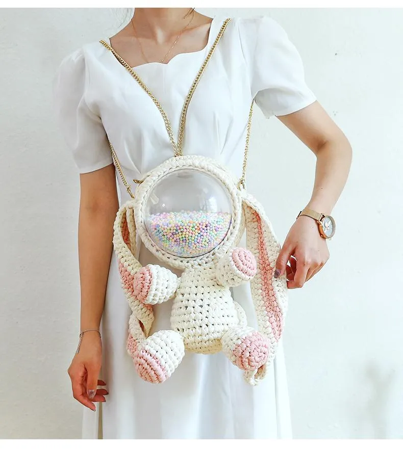 Cute Light Pink Crochet Bunny Backpack Rabbit Crochet Shoulder Bag for Girl Bunny Crochet Crossbody Purse