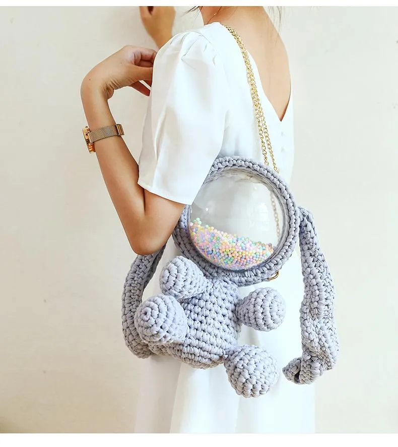 Cute Light Pink Crochet Bunny Backpack Rabbit Crochet Shoulder Bag for Girl Bunny Crochet Crossbody Purse