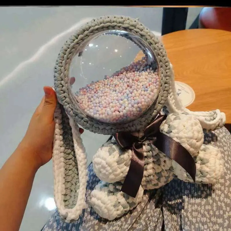 Cute Light Pink Crochet Bunny Backpack Rabbit Crochet Shoulder Bag for Girl Bunny Crochet Crossbody Purse
