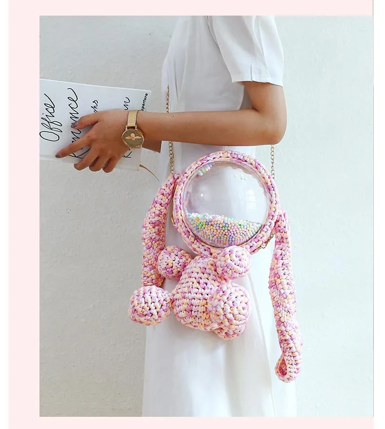 Cute Light Pink Crochet Bunny Backpack Rabbit Crochet Shoulder Bag for Girl Bunny Crochet Crossbody Purse
