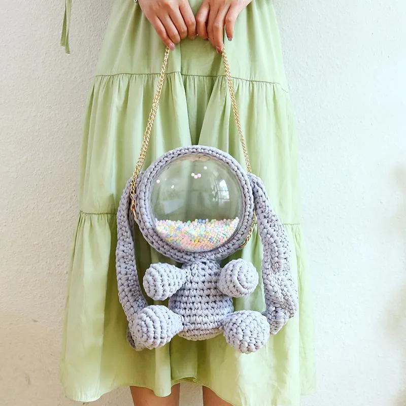 Cute Light Pink Crochet Bunny Backpack Rabbit Crochet Shoulder Bag for Girl Bunny Crochet Crossbody Purse