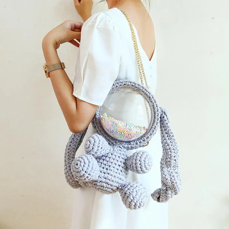 Cute Light Pink Crochet Bunny Backpack Rabbit Crochet Shoulder Bag for Girl Bunny Crochet Crossbody Purse