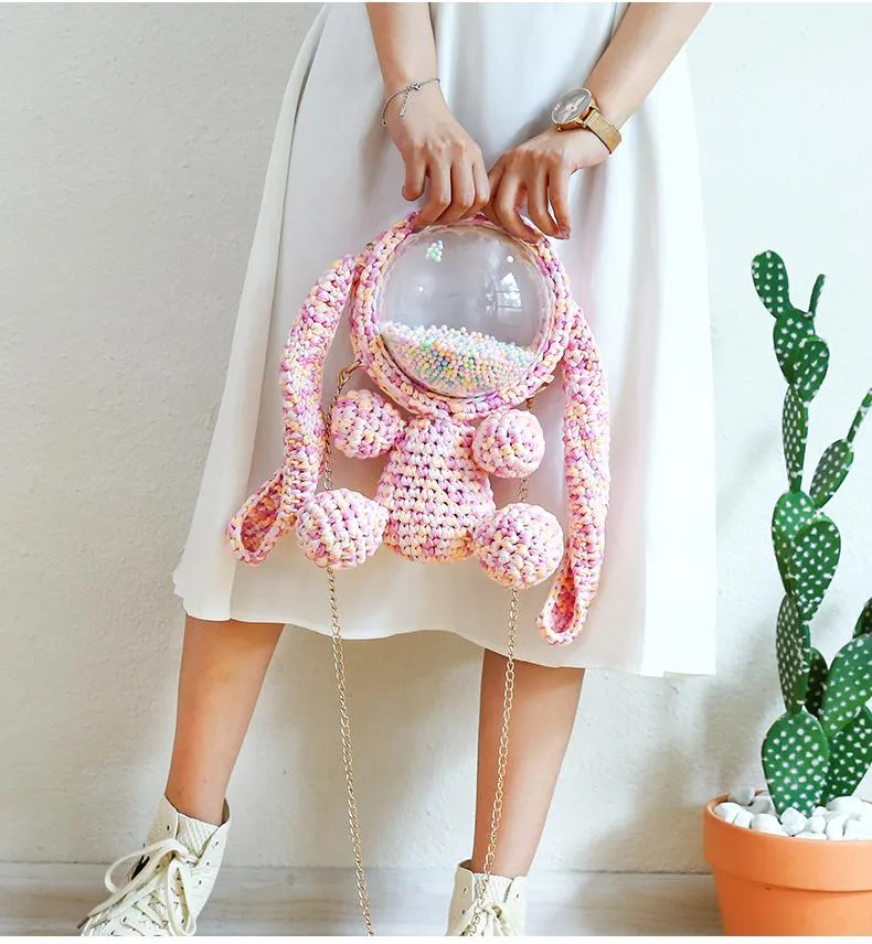 Cute Light Pink Crochet Bunny Backpack Rabbit Crochet Shoulder Bag for Girl Bunny Crochet Crossbody Purse