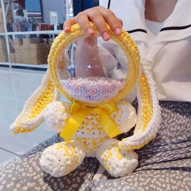 Cute Light Pink Crochet Bunny Backpack Rabbit Crochet Shoulder Bag for Girl Bunny Crochet Crossbody Purse