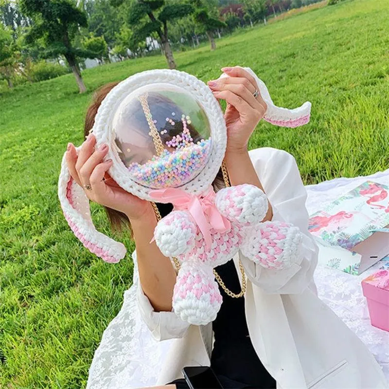 Cute Light Pink Crochet Bunny Backpack Rabbit Crochet Shoulder Bag for Girl Bunny Crochet Crossbody Purse