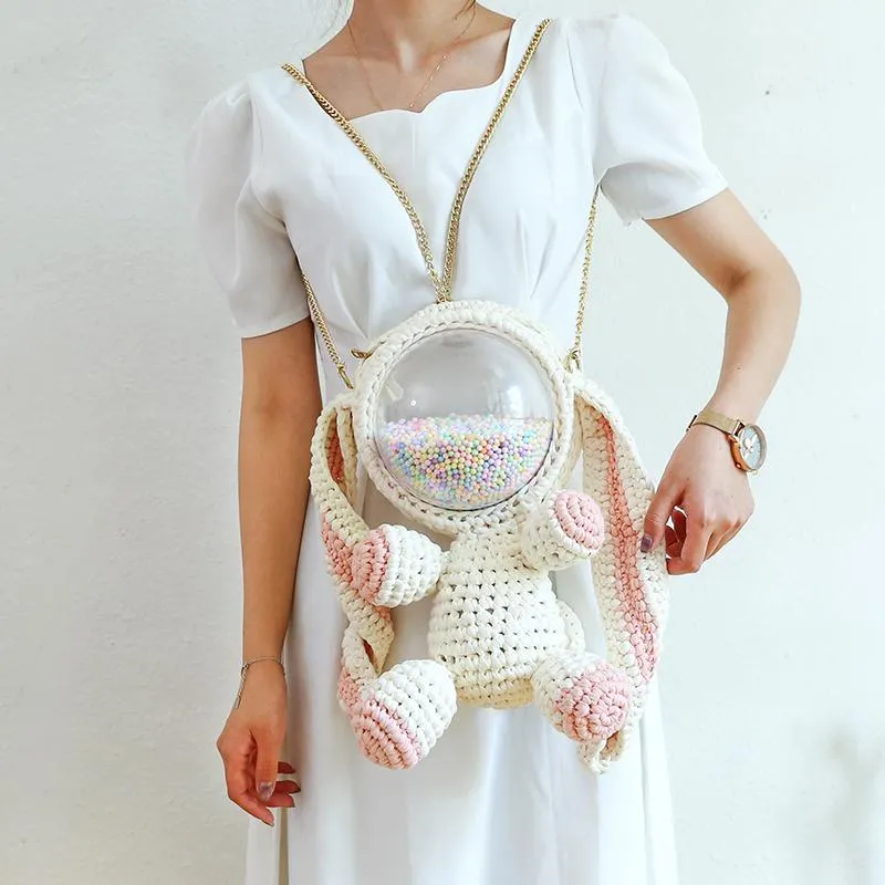 Cute Light Pink Crochet Bunny Backpack Rabbit Crochet Shoulder Bag for Girl Bunny Crochet Crossbody Purse