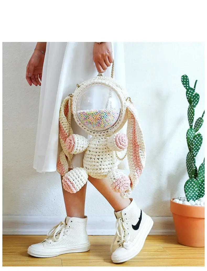 Cute Light Pink Crochet Bunny Backpack Rabbit Crochet Shoulder Bag for Girl Bunny Crochet Crossbody Purse