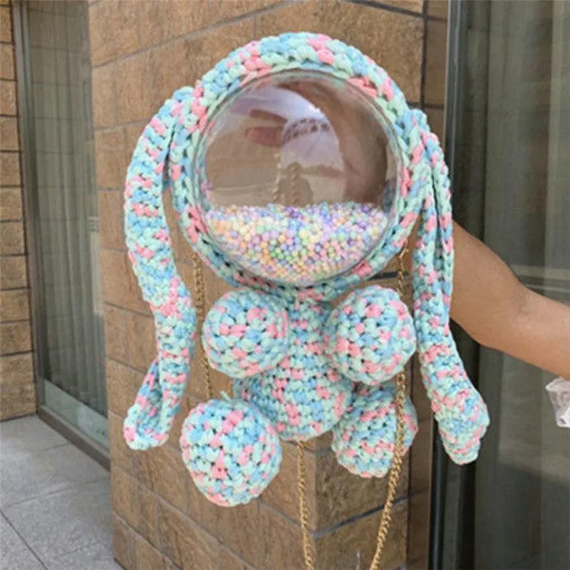 Cute Light Pink Crochet Bunny Backpack Rabbit Crochet Shoulder Bag for Girl Bunny Crochet Crossbody Purse