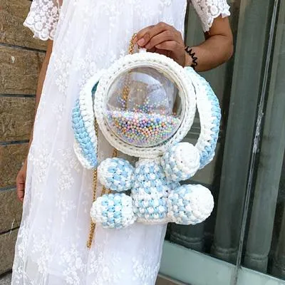 Cute Light Pink Crochet Bunny Backpack Rabbit Crochet Shoulder Bag for Girl Bunny Crochet Crossbody Purse