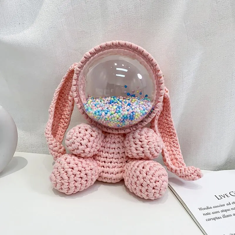 Cute Light Pink Crochet Bunny Backpack Rabbit Crochet Shoulder Bag for Girl Bunny Crochet Crossbody Purse