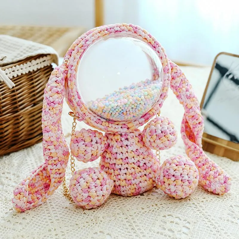 Cute Light Pink Crochet Bunny Backpack Rabbit Crochet Shoulder Bag for Girl Bunny Crochet Crossbody Purse