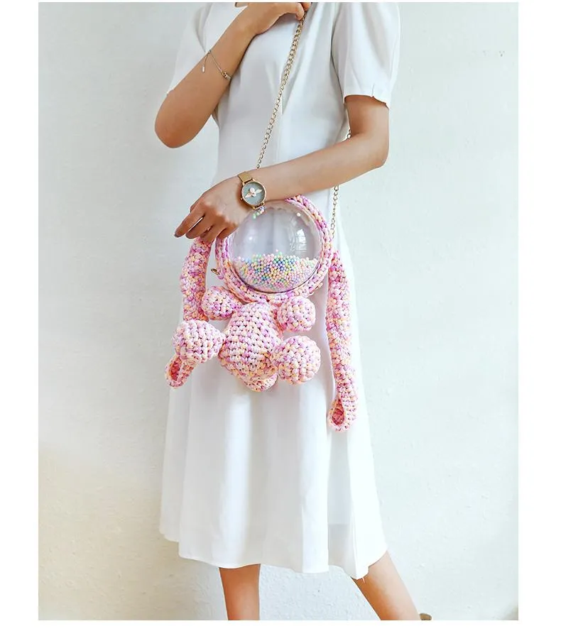 Cute Light Pink Crochet Bunny Backpack Rabbit Crochet Shoulder Bag for Girl Bunny Crochet Crossbody Purse