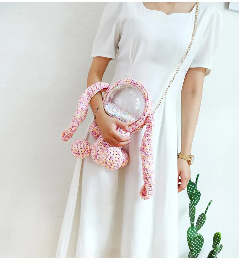 Cute Light Pink Crochet Bunny Backpack Rabbit Crochet Shoulder Bag for Girl Bunny Crochet Crossbody Purse