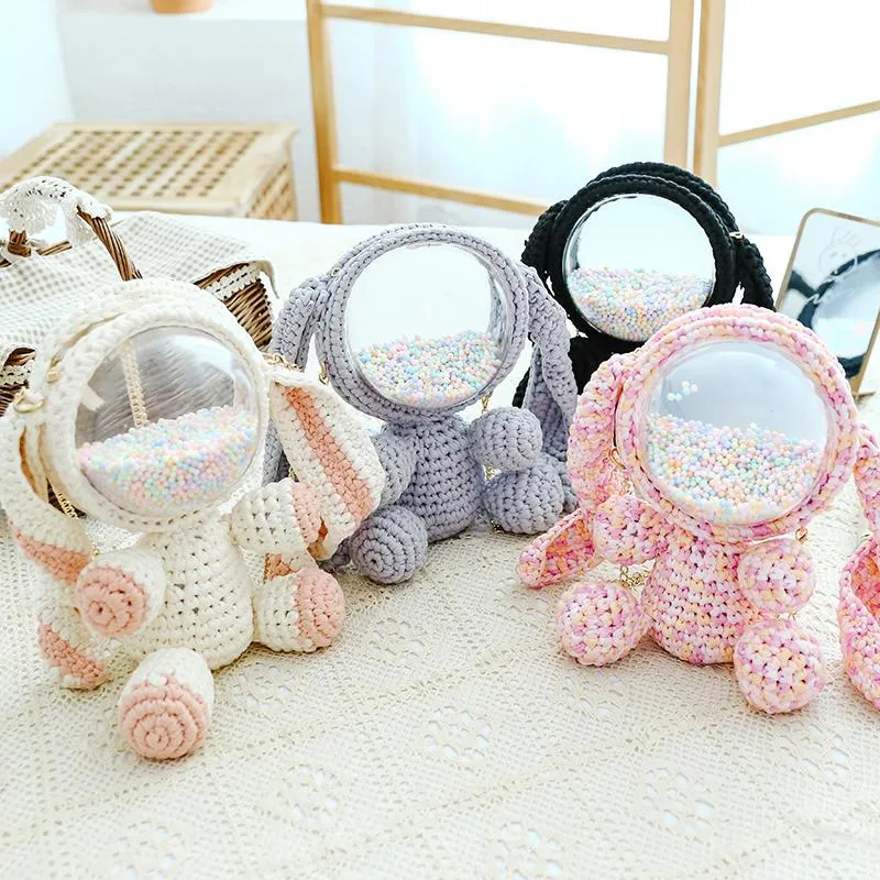 Cute Light Pink Crochet Bunny Backpack Rabbit Crochet Shoulder Bag for Girl Bunny Crochet Crossbody Purse