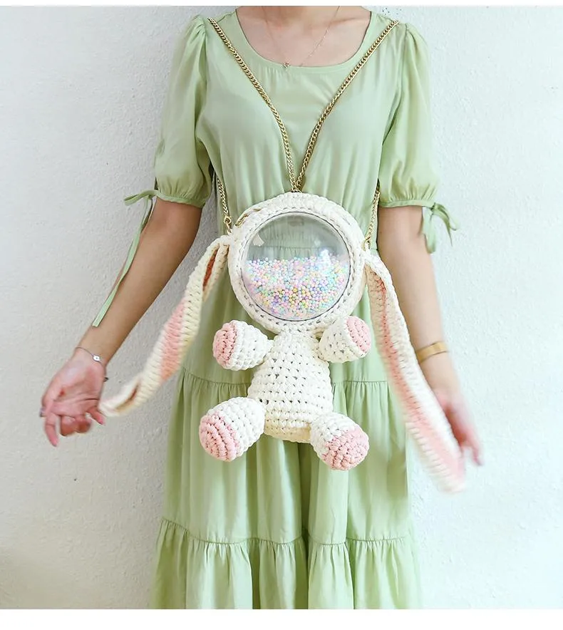 Cute Light Pink Crochet Bunny Backpack Rabbit Crochet Shoulder Bag for Girl Bunny Crochet Crossbody Purse