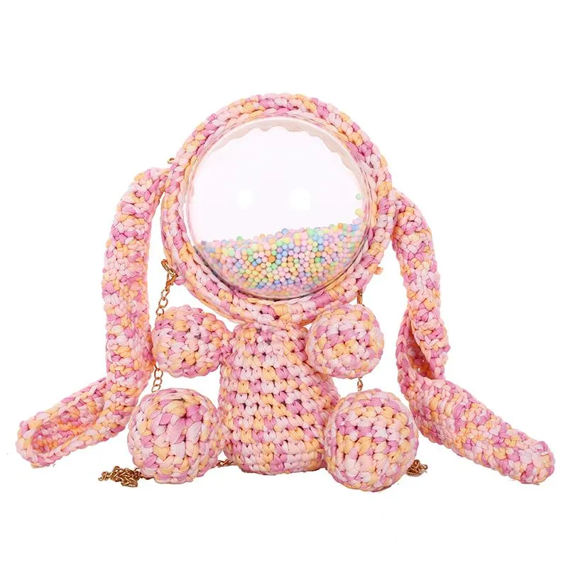 Cute Light Pink Crochet Bunny Backpack Rabbit Crochet Shoulder Bag for Girl Bunny Crochet Crossbody Purse