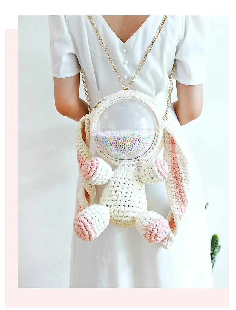 Cute Light Pink Crochet Bunny Backpack Rabbit Crochet Shoulder Bag for Girl Bunny Crochet Crossbody Purse