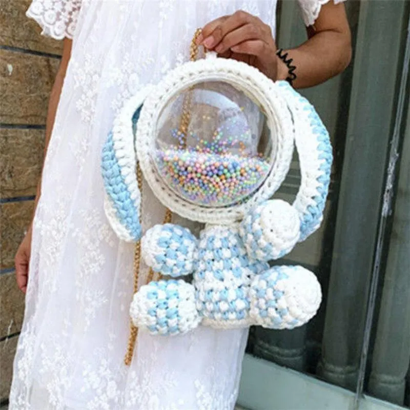 Cute Light Pink Crochet Bunny Backpack Rabbit Crochet Shoulder Bag for Girl Bunny Crochet Crossbody Purse