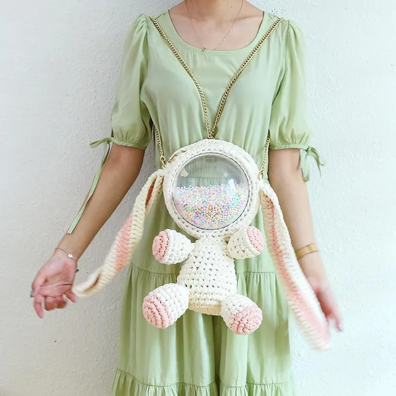 Cute Light Pink Crochet Bunny Backpack Rabbit Crochet Shoulder Bag for Girl Bunny Crochet Crossbody Purse