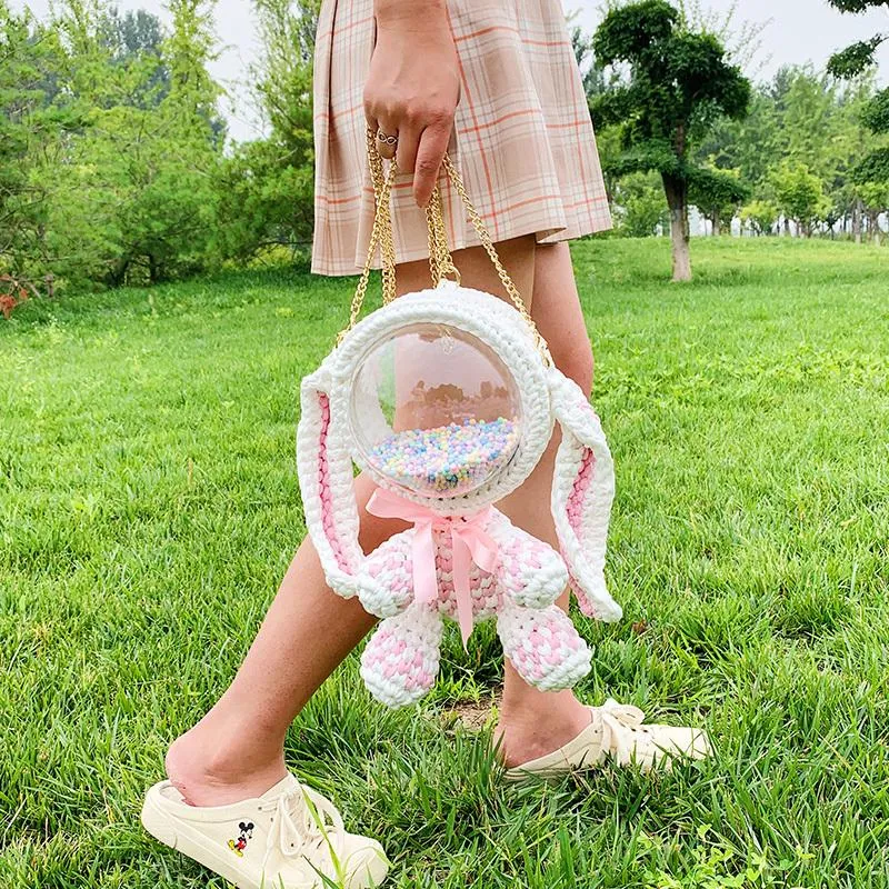 Cute Light Pink Crochet Bunny Backpack Rabbit Crochet Shoulder Bag for Girl Bunny Crochet Crossbody Purse
