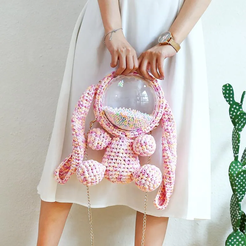 Cute Light Pink Crochet Bunny Backpack Rabbit Crochet Shoulder Bag for Girl Bunny Crochet Crossbody Purse